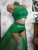 Festival Dance Costume, Mesh Festival Clothes, Pole Dance Wear Set, Festival Outfit, Shorts and Skirt with Rhinestones, Pole Wear Costume
