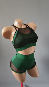Pole Dance Costume, Crop Top with Mesh Insert, Pole Wear Outfit, Exotic Pole Dance, High Waisted Shorts with Top for Pole, Polewear Costume