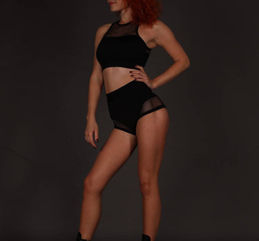 Black Pole Dance Shorts, Pole Dance Clothes, Polewear Shorts, Fitness Shorts with Mesh Inserts, Twerk Shorts, Mesh High Waisted Shorts