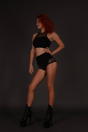 Black Pole Dance Shorts, Pole Dance Clothes, Polewear Shorts, Fitness Shorts with Mesh Inserts, Twerk Shorts, Mesh High Waisted Shorts