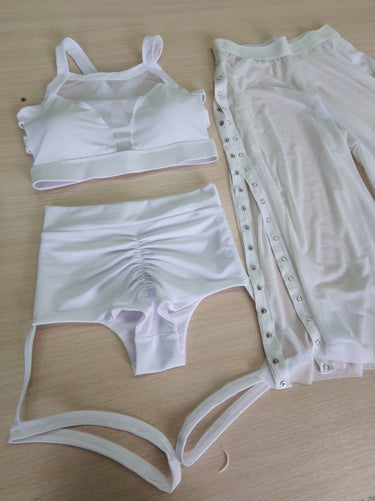 White Festival Outfit, Transparent Mesh Costume, Sheer Festival Clothes, Polewear Set, Bachata Costume, Pole Dance Top Shorts and Culottes