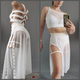 White Festival Outfit, Transparent Mesh Costume, Sheer Festival Clothes, Polewear Set, Bachata Costume, Pole Dance Top Shorts and Culottes