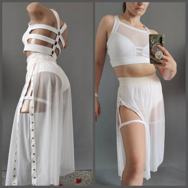 White Festival Outfit, Transparent Mesh Costume, Sheer Festival Clothes, Polewear Set, Bachata Costume, Pole Dance Top Shorts and Culottes