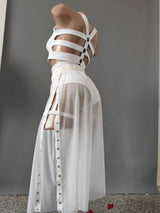 White Festival Outfit, Transparent Mesh Costume, Sheer Festival Clothes, Polewear Set, Bachata Costume, Pole Dance Top Shorts and Culottes