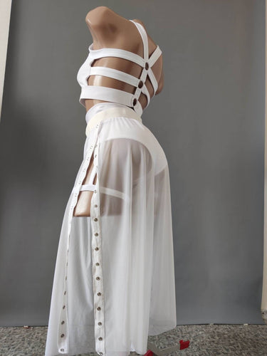White Festival Outfit, Transparent Mesh Costume, Sheer Festival Clothes, Polewear Set, Bachata Costume, Pole Dance Top Shorts and Culottes